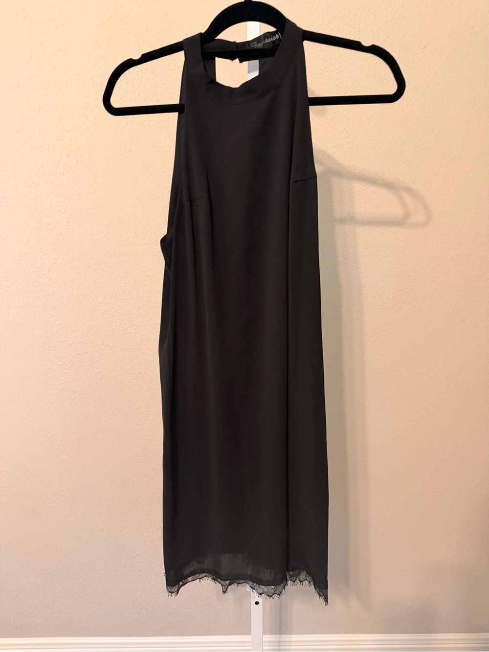 Amazon Black Halter Mini Dress with Lace Trim